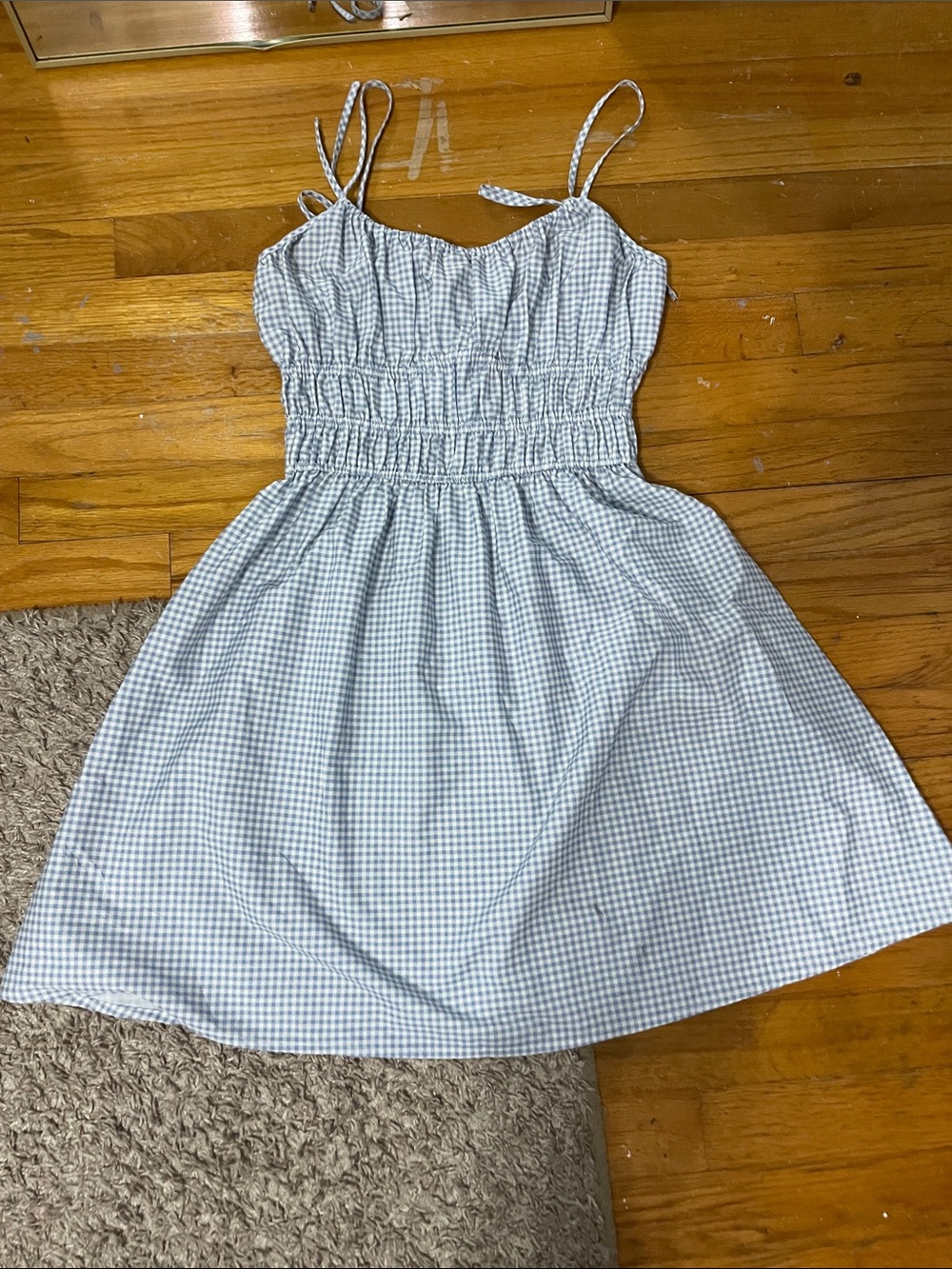 Light Blue Gingham Smocked Sundress With Tieable Straps